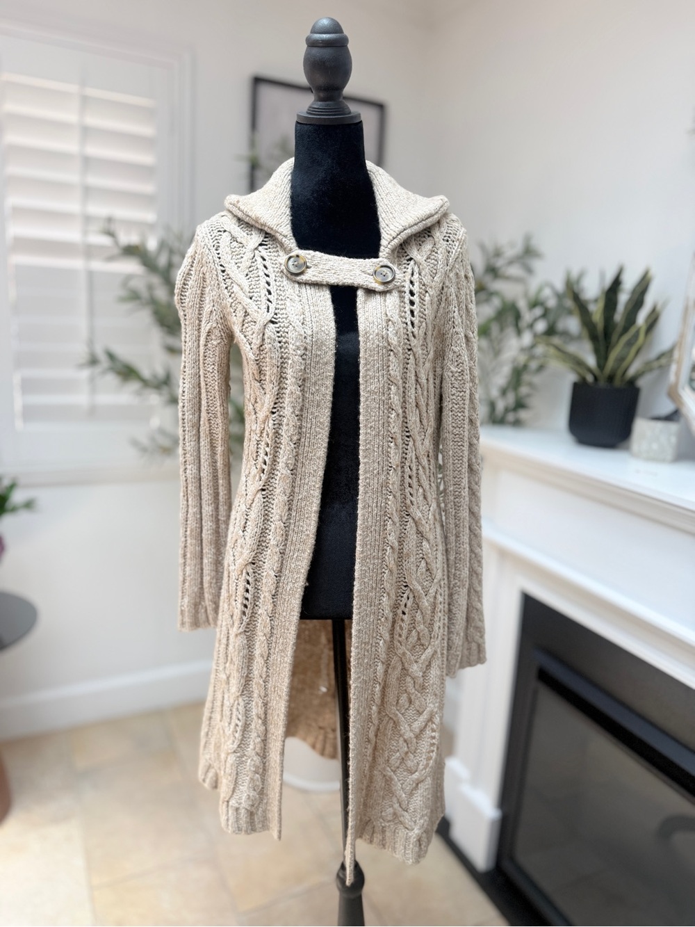 Banana Republic Cream Cable-Knit Hooded Long Cardigan